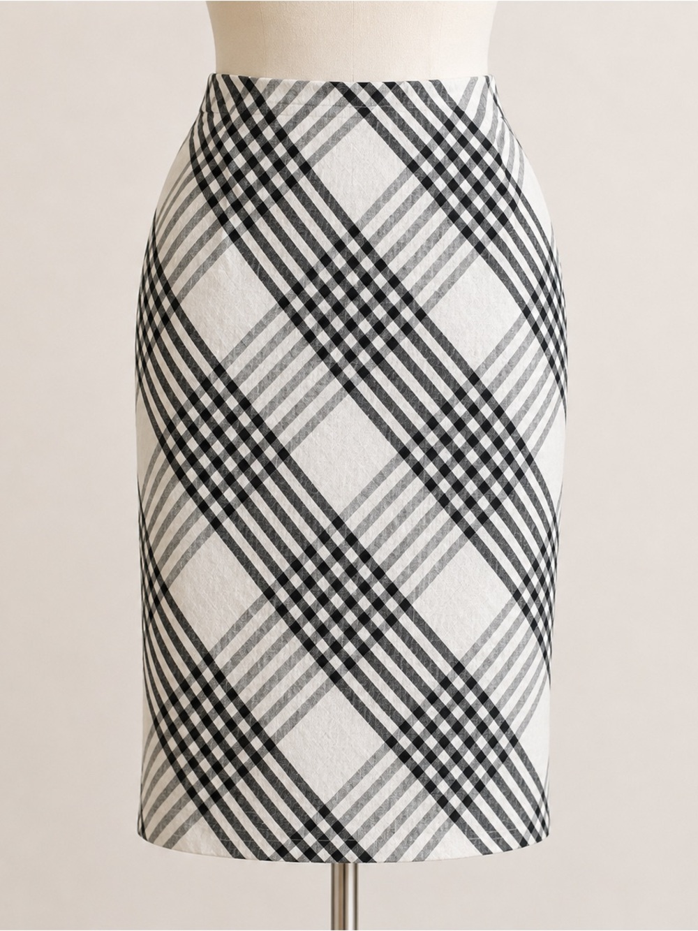 Saks Fifth Ave, Black/White Plaid, Lined, Linen, Pencil/Straight Skirt- 2